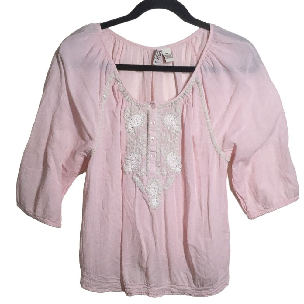 Mudd Embroidered Beaded Blouse Pink XL 3/4 Sleeve Scoop Neck Cotton Top